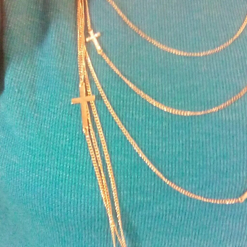 Multi Chain Gold Tone necklace w/Crosses EUC